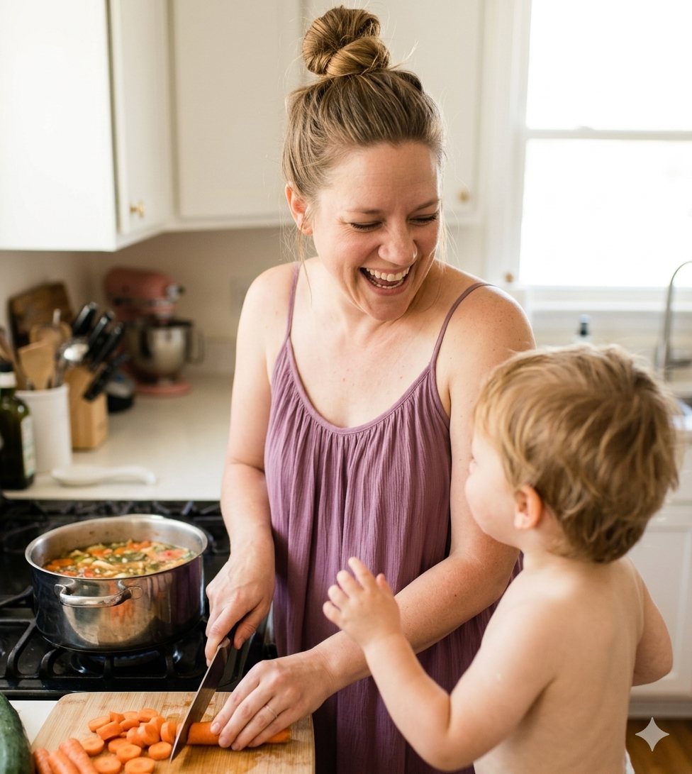 Lynsie chopping carrots in her kitchen, a toddler beside her